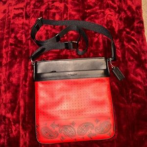 Coach Charles Red Black Bandana Print Leather Sport Calf Crossbody Bag F55961